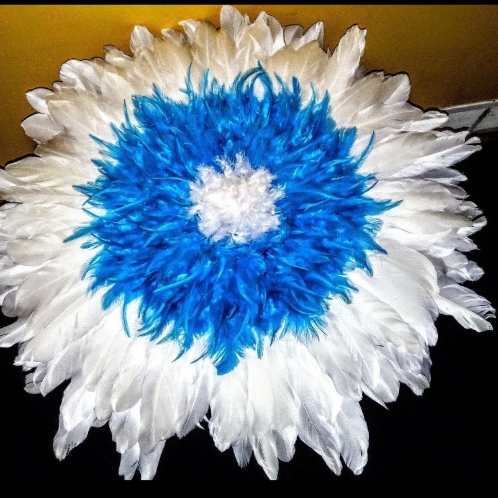 NEW  HUGE HOME DECOR  AFRICAN JUJU WALL HANGING BLUE AND WHITE